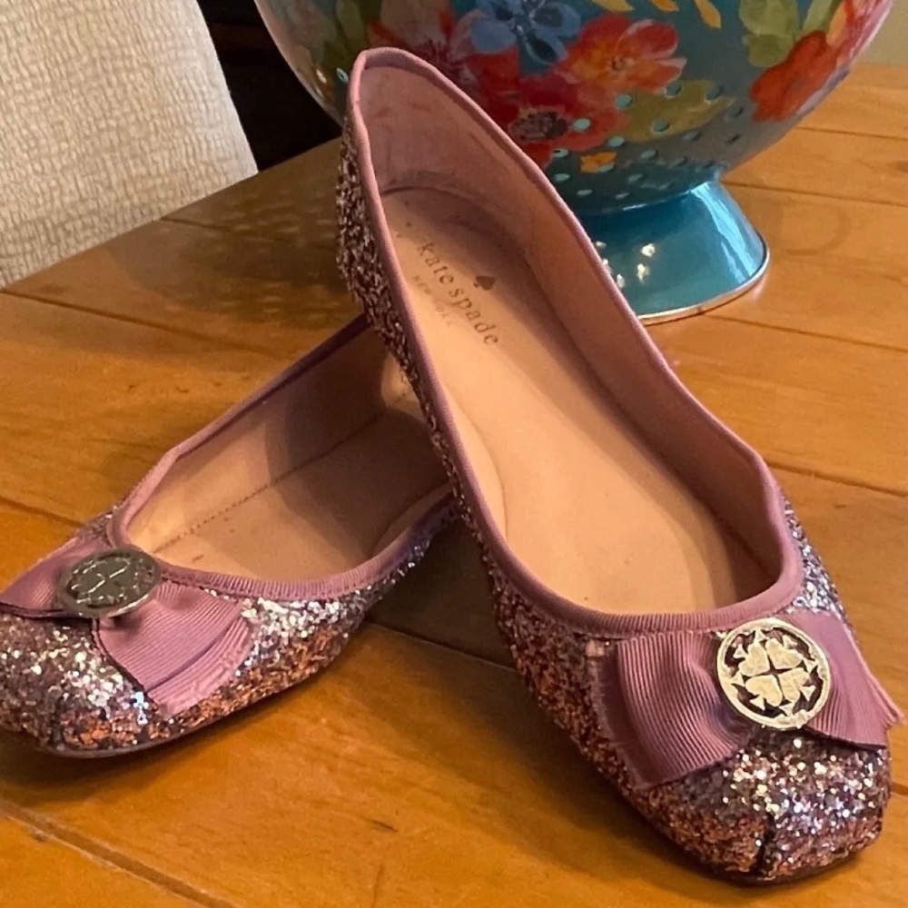 kate spade rose gold mauve ribbon bowed sparkle square toe ballet flat 8.5